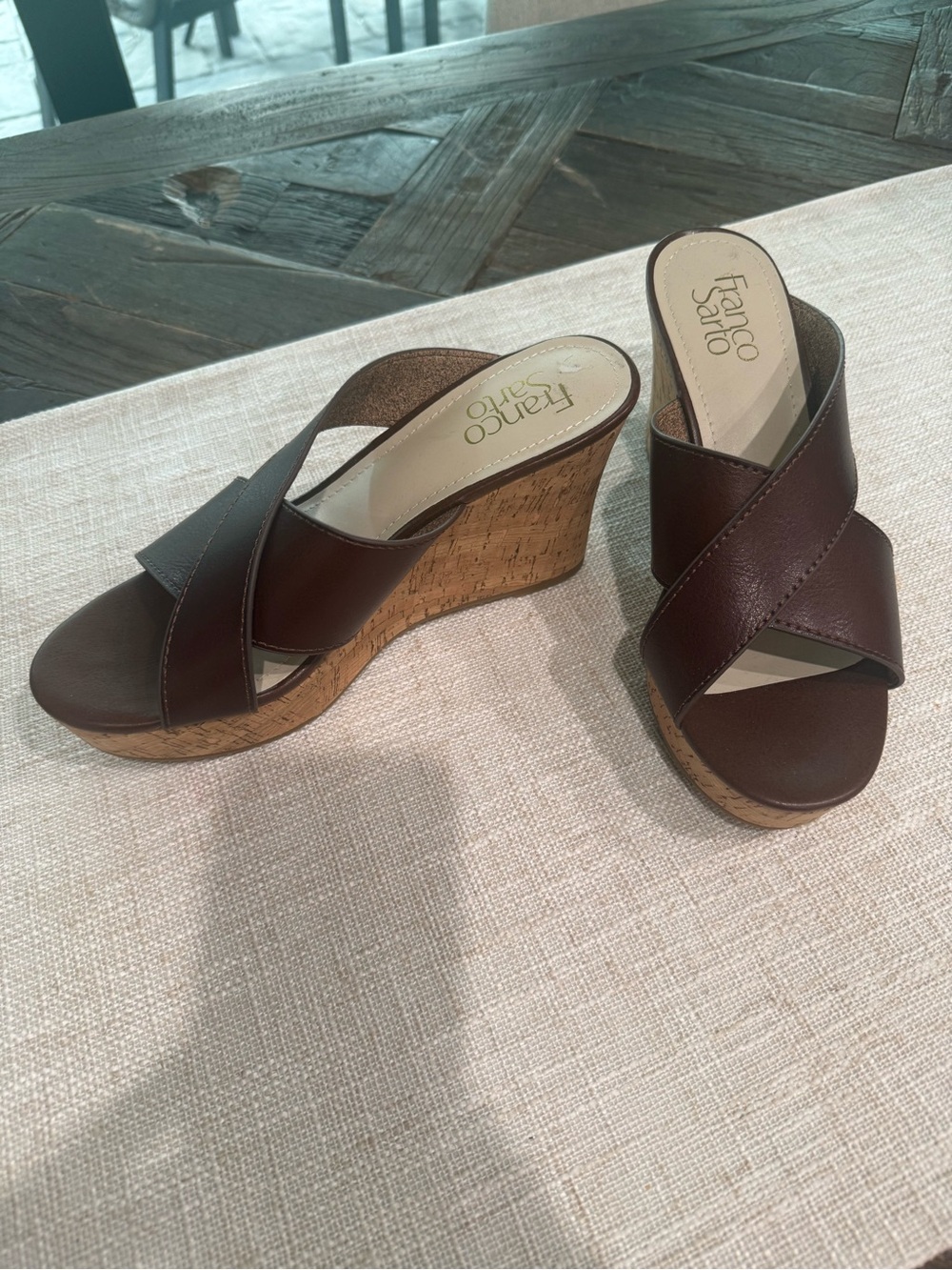 Franco Sarto Dark Brown Leather Cork Wedge Sandals